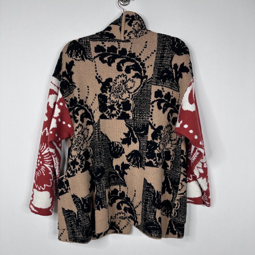 Anthropologie Lola Cocoon Cardigan Open Front Patchwork Tan Red XS/S #A1045 - Picture 10 of 16
